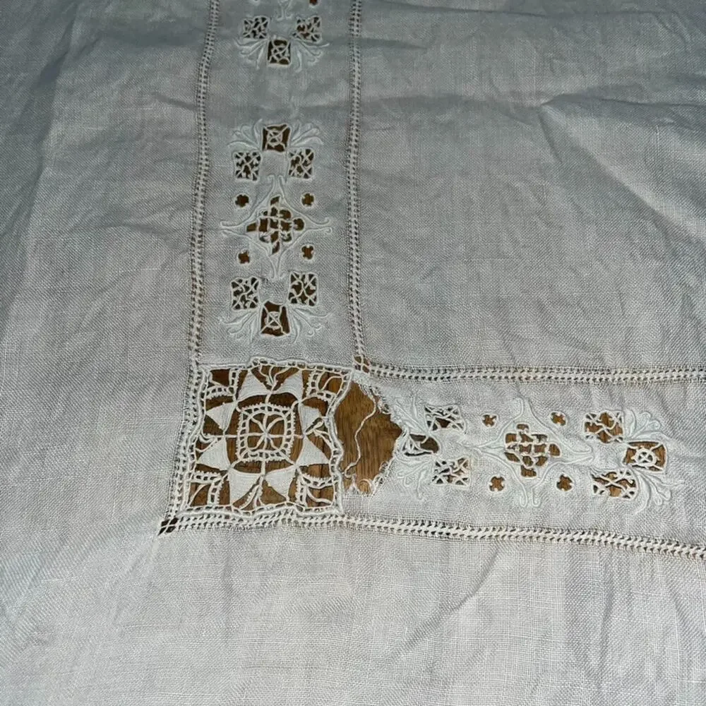 White Linen Tablecloth 49 x 52 in Delicate Cutwork & Hand-Done Drawnwork